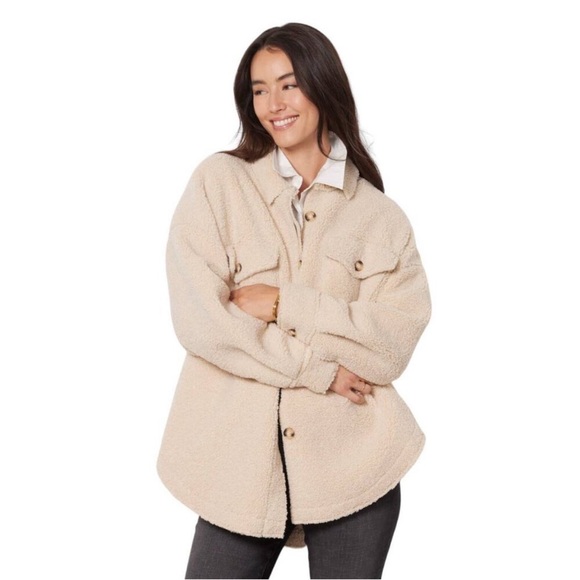 Good American Sherpa Shacket NWT Size 1/2 Tan Oversized Small / Medium - Picture 3 of 14